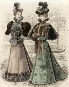 A drawing of two Victorian ladies outside in the winter.